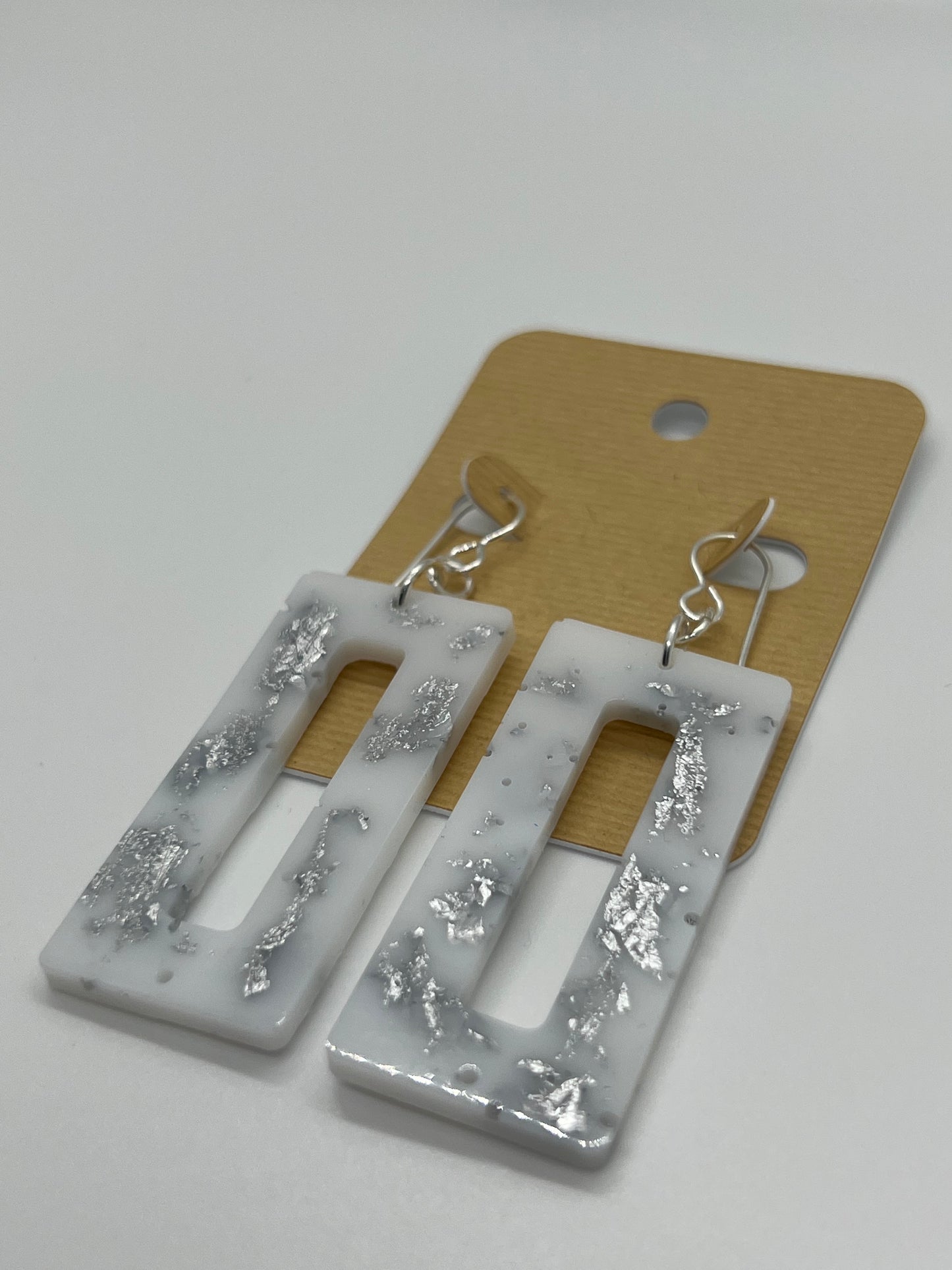 White & silver foil rectangle cut-out earrings