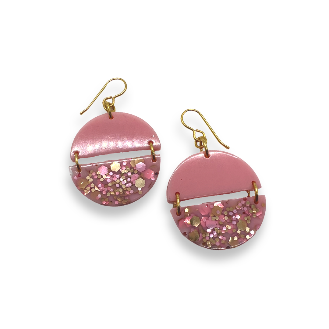 Pink & gold half circle link earrings