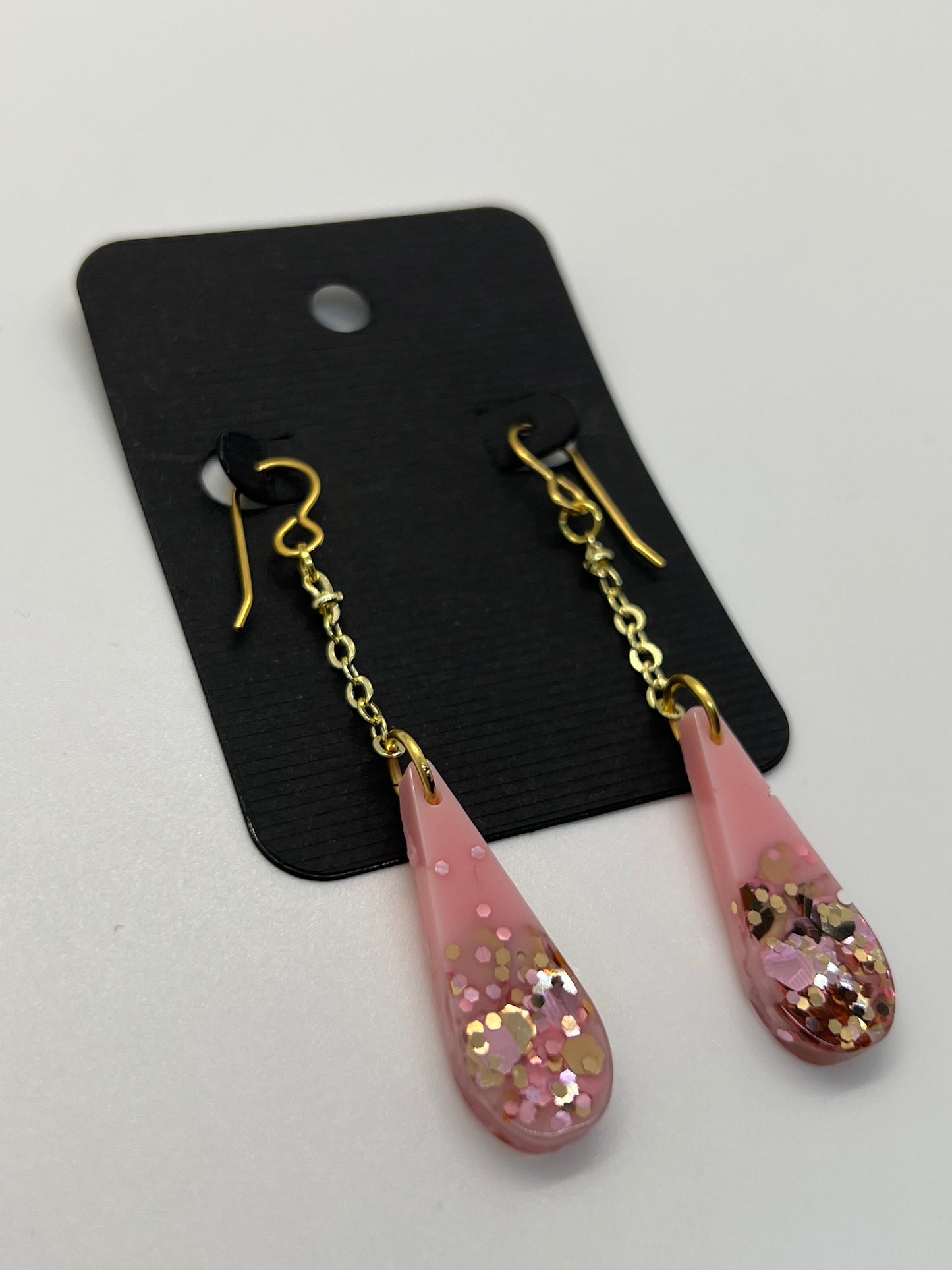 Pink tear drop earrings with gold & pink glitter