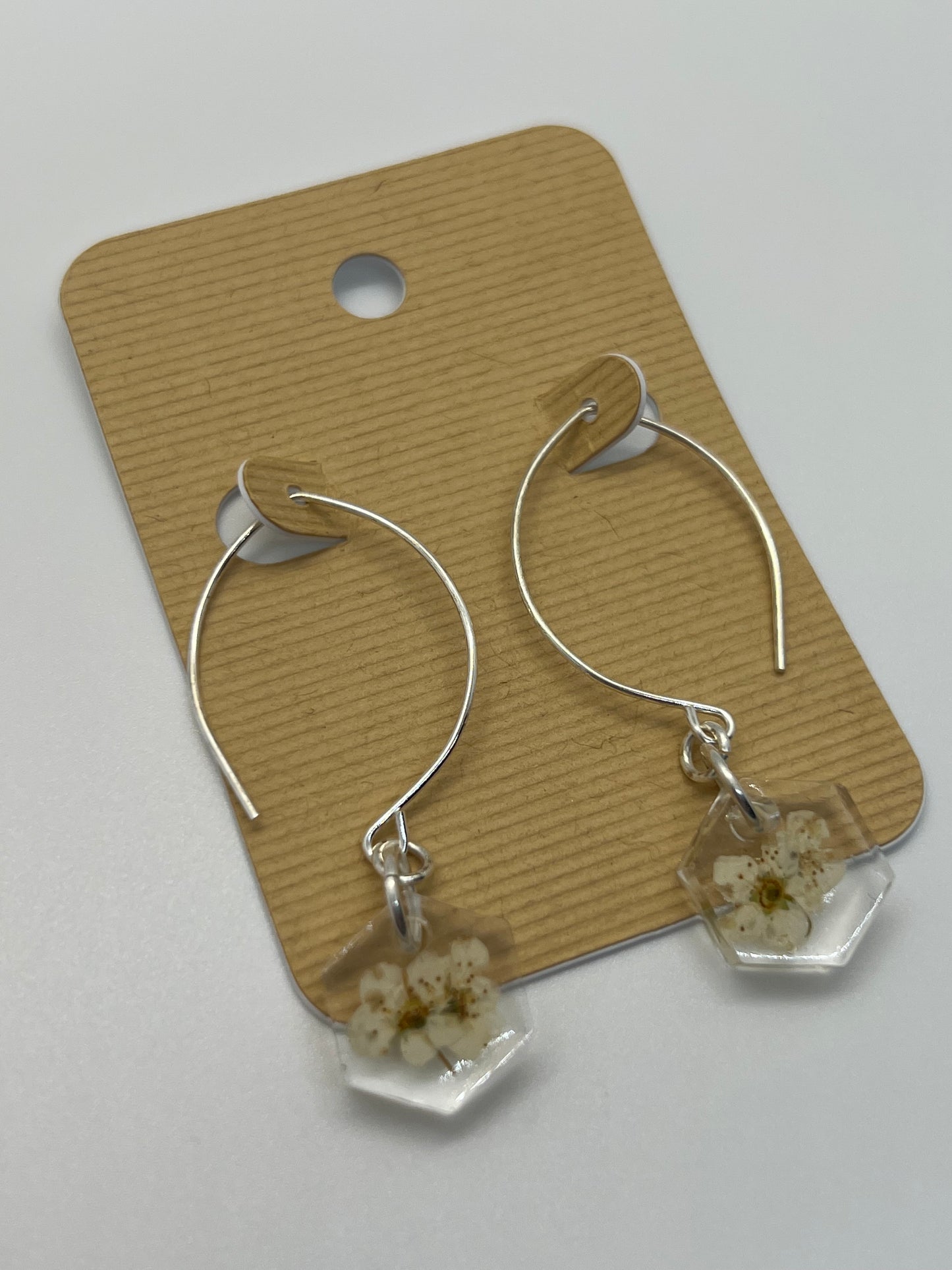 Hexagon white flower earrings