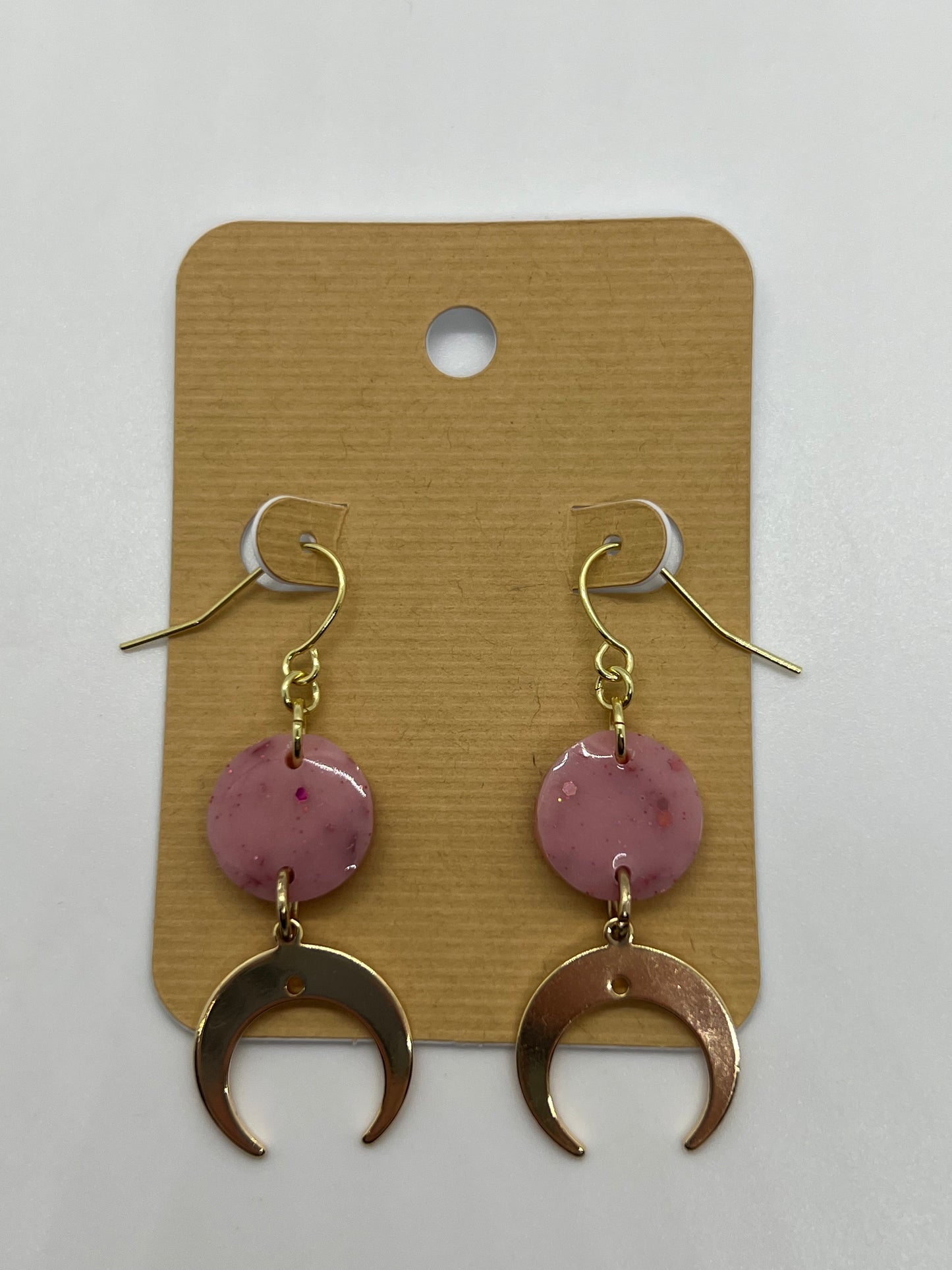 Cresent moon charms with light pink glitter round earrings