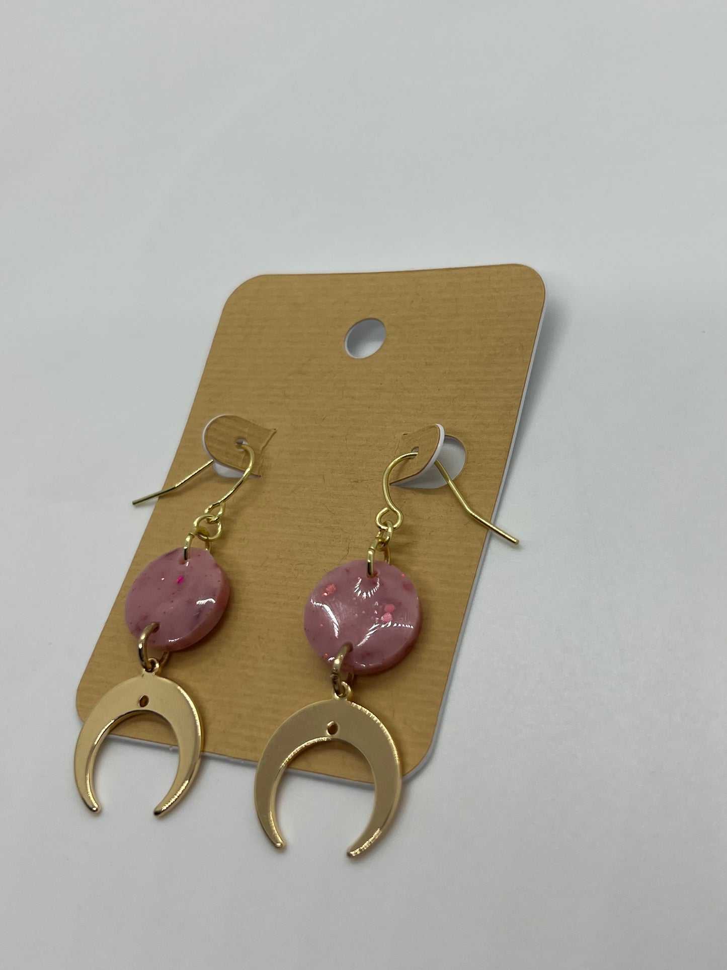 Cresent moon charms with light pink glitter round earrings