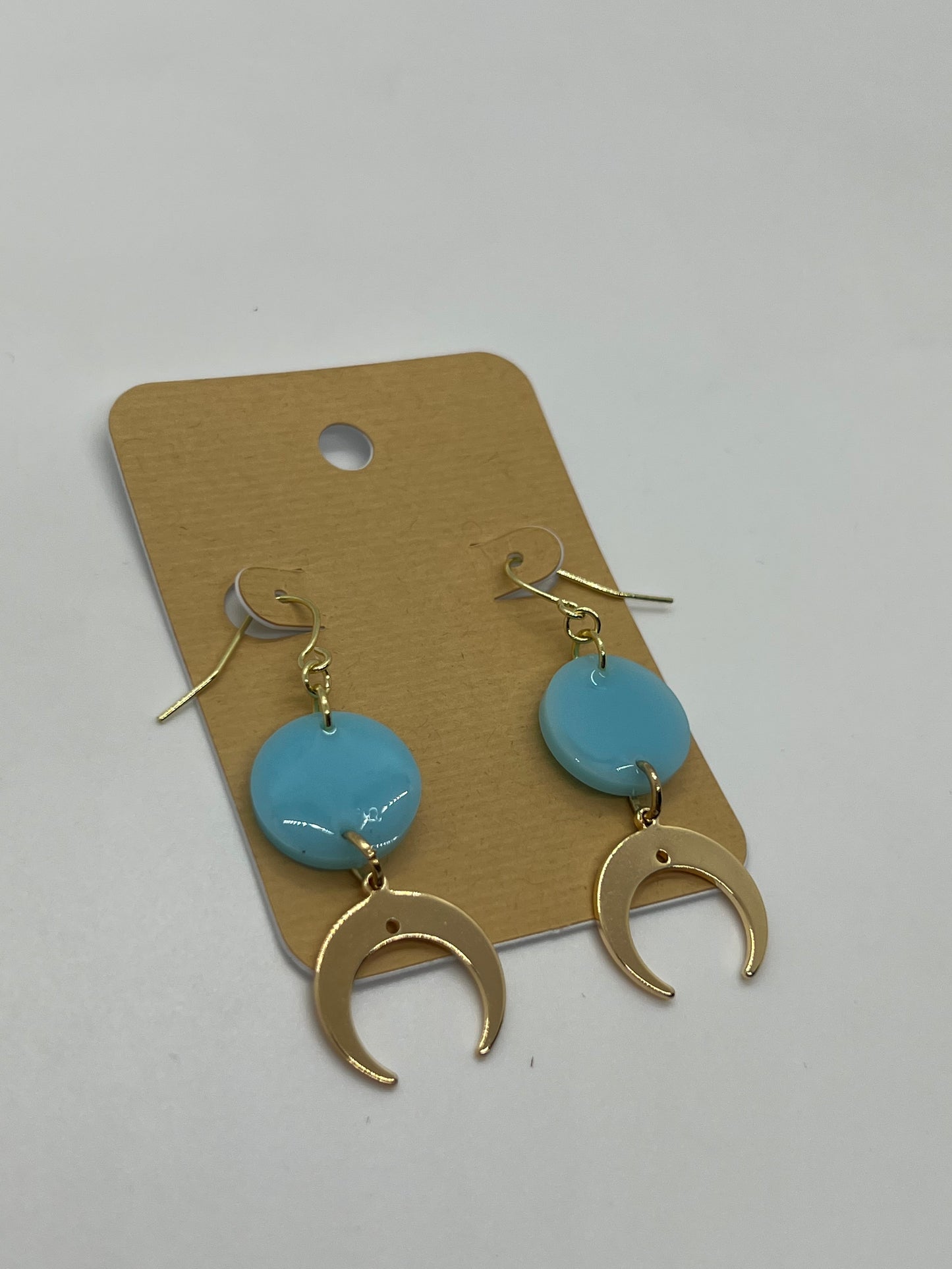 Cresent moon charms with small baby blue round earrings