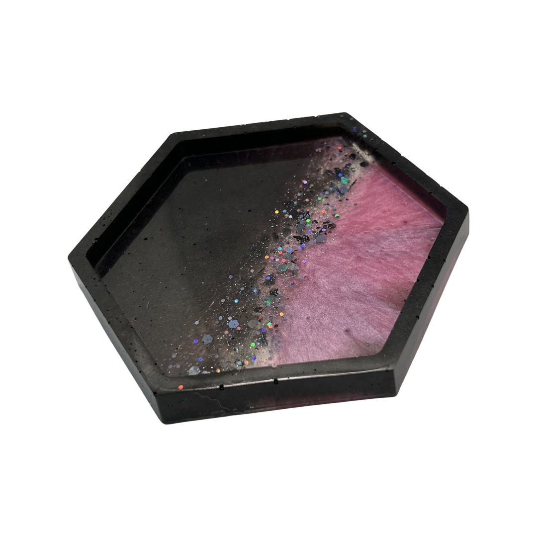 Pink hexagon glitter galaxy coasters