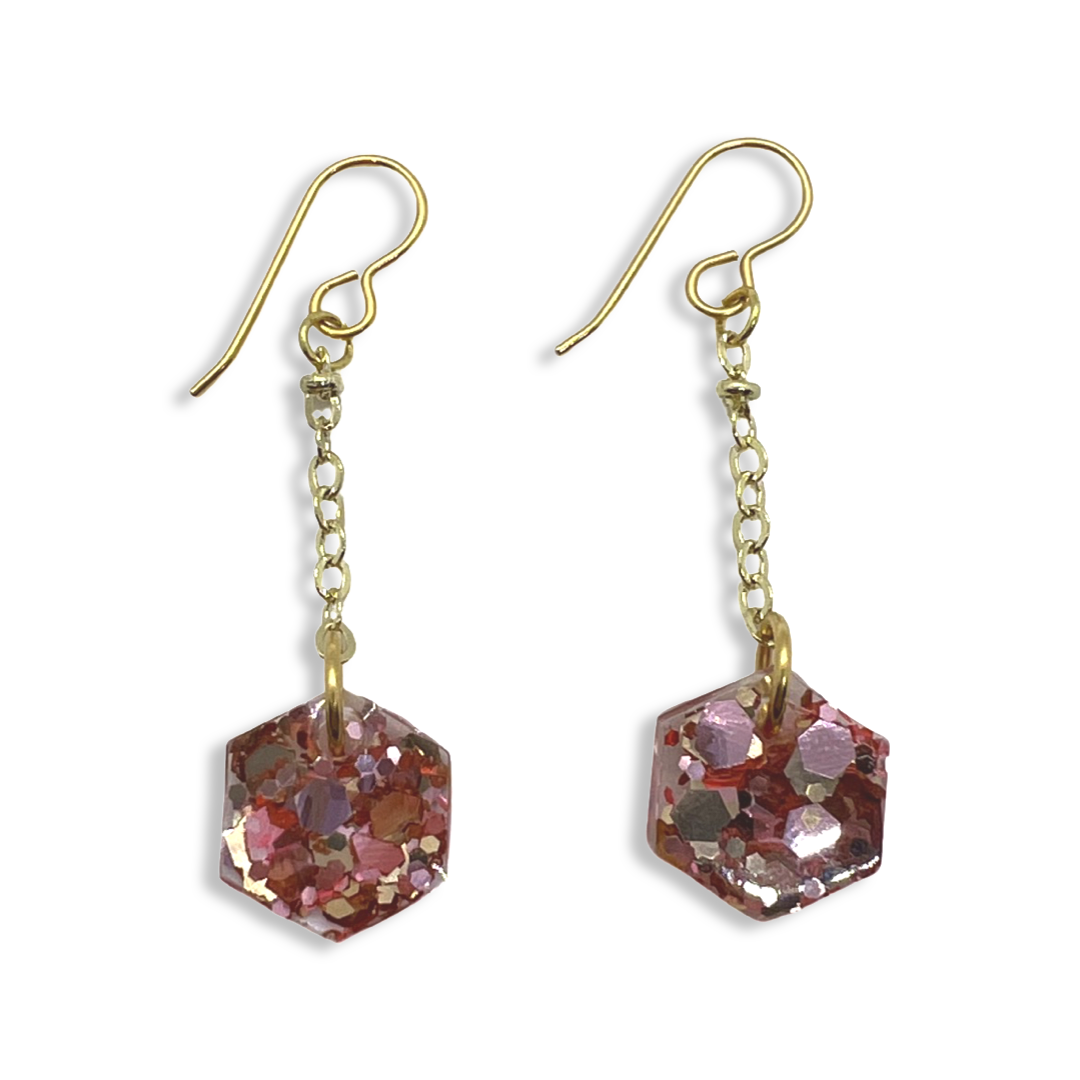 Pink & gold glitter hexagon dangle earrings