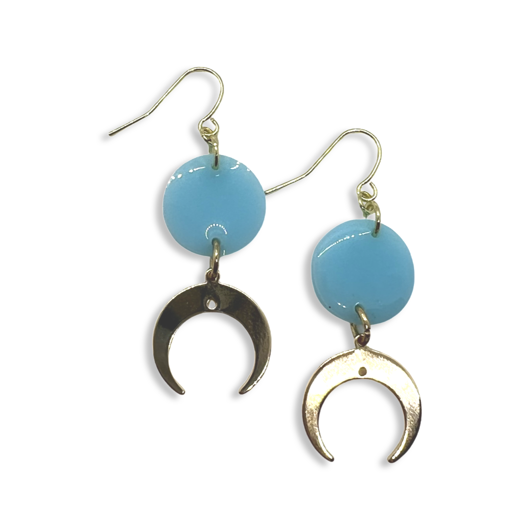 Cresent moon charms with small baby blue round earrings