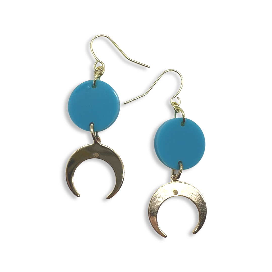 Cresent moon charms with small sky-blue round earrings