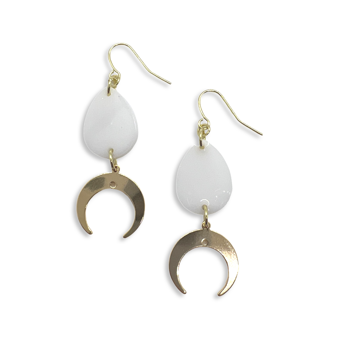 White tear drop with gold crescent moon charm