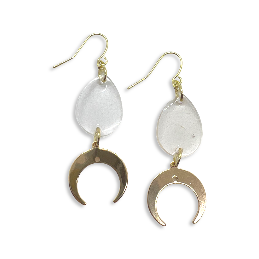 Clear tear drop with gold crescent moon charm