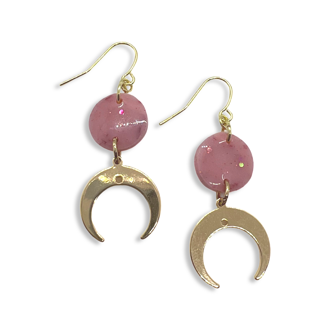 Cresent moon charms with light pink glitter round earrings