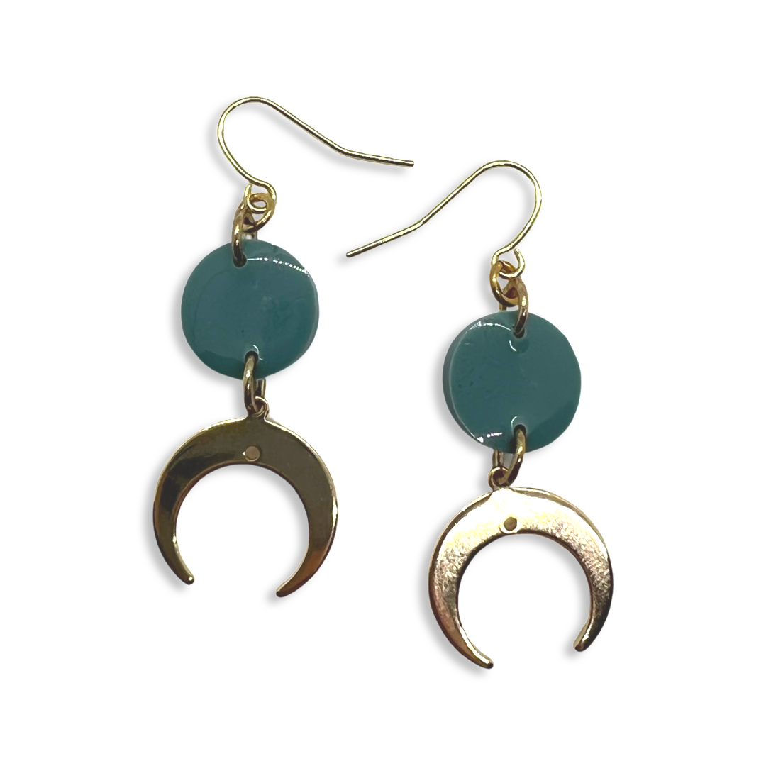 Cresent moon charms with small teal green round earrings