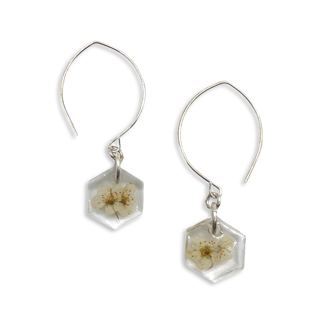 Hexagon white flower earrings