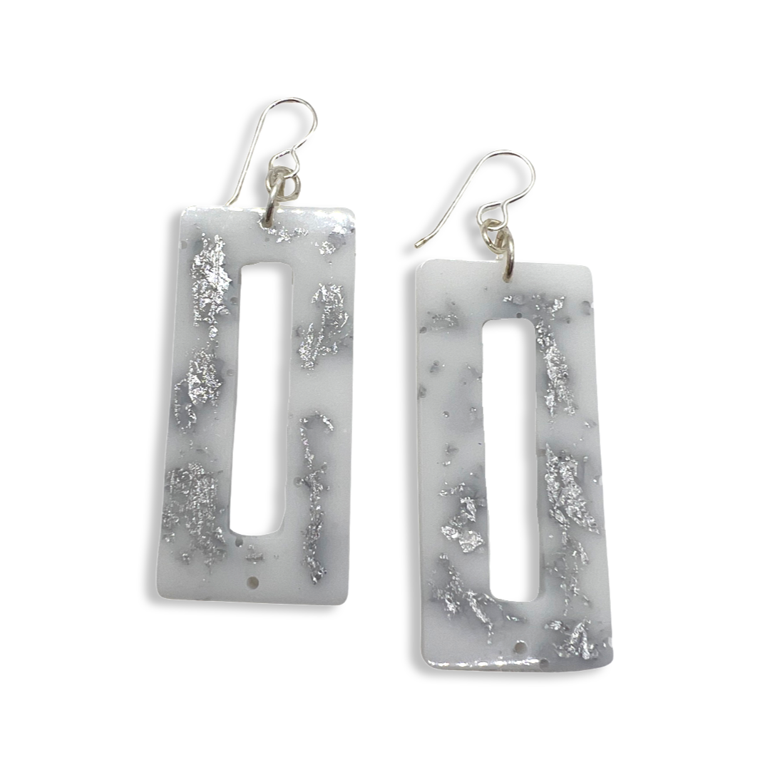 White & silver foil rectangle cut-out earrings