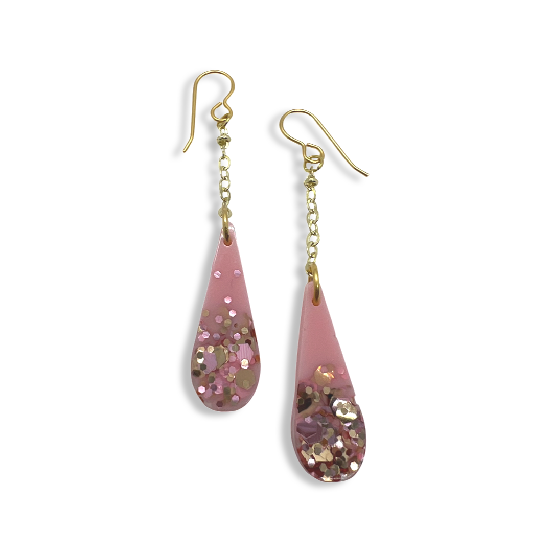 Pink tear drop earrings with gold & pink glitter