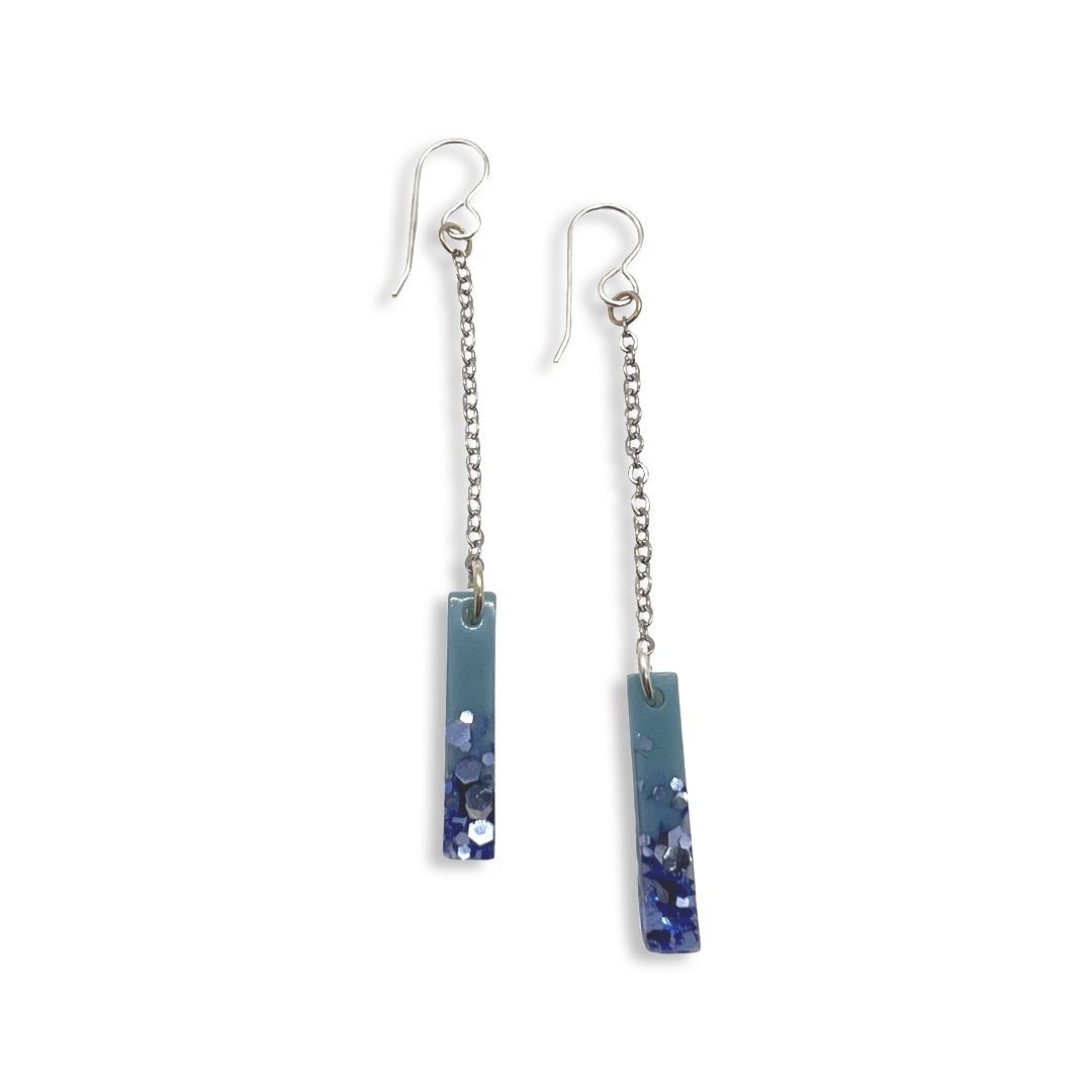 Thin blue with purple glitter rectangle dangle earrings