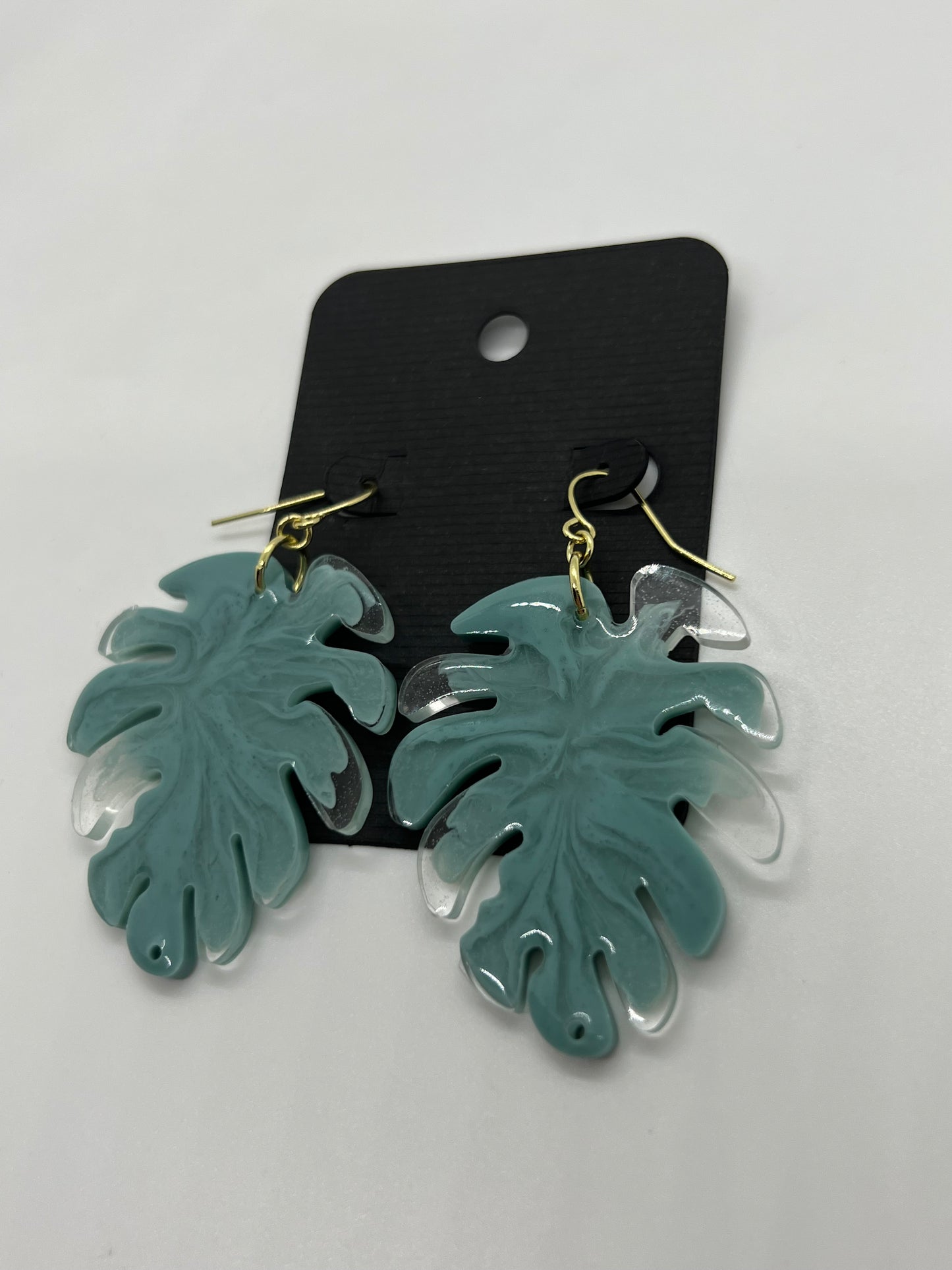 Teal leaf earrings