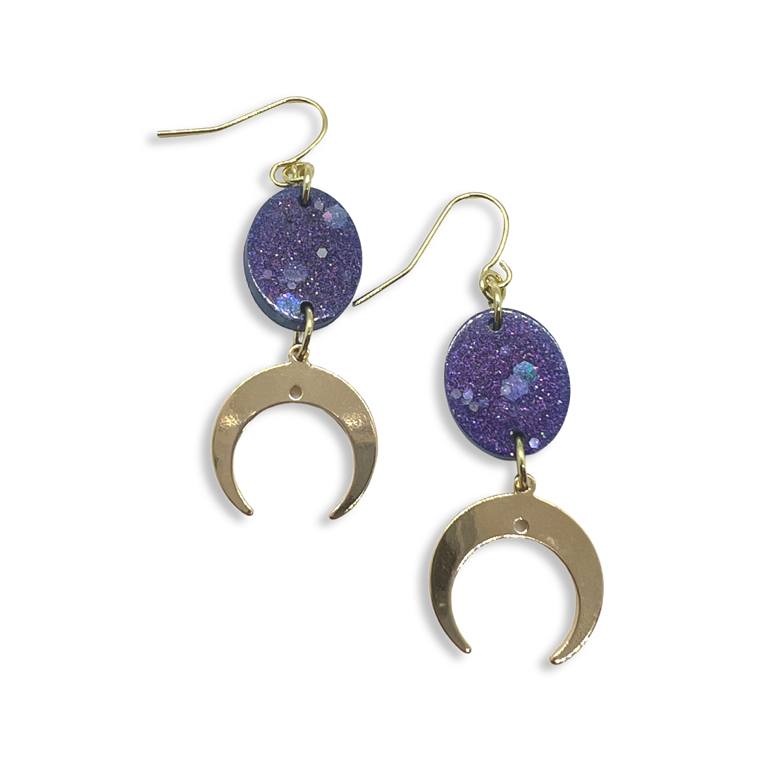 Purple glitter oval with gold crescent moon charm