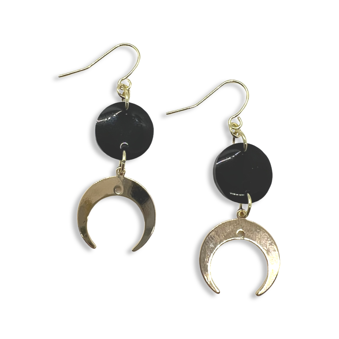 Cresent moon charms with small black rounds earrings