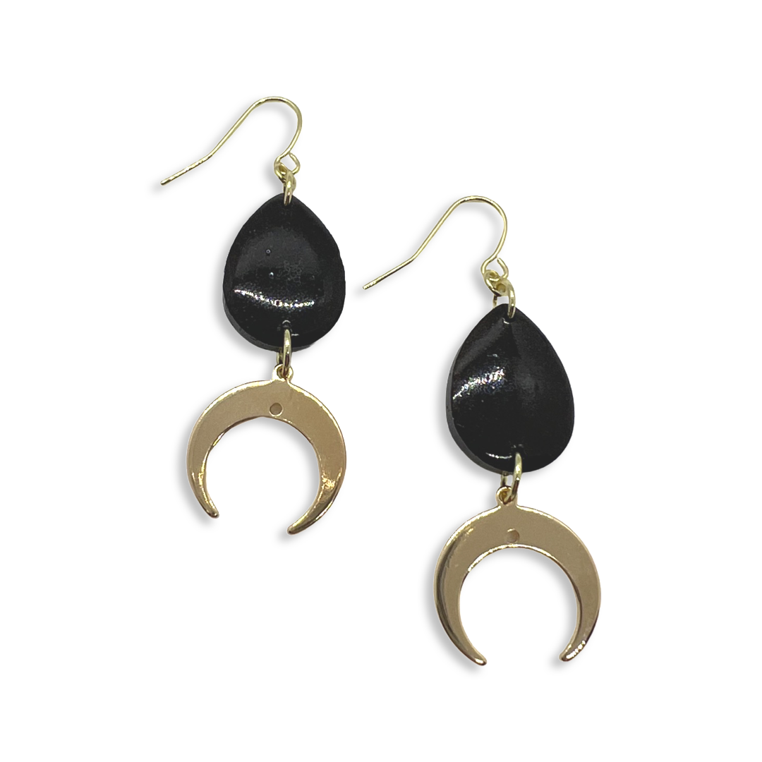 Black tear drop with gold crescent moon charm