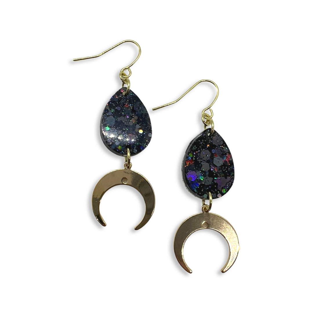 Black glitter tear drop with gold crescent moon charm