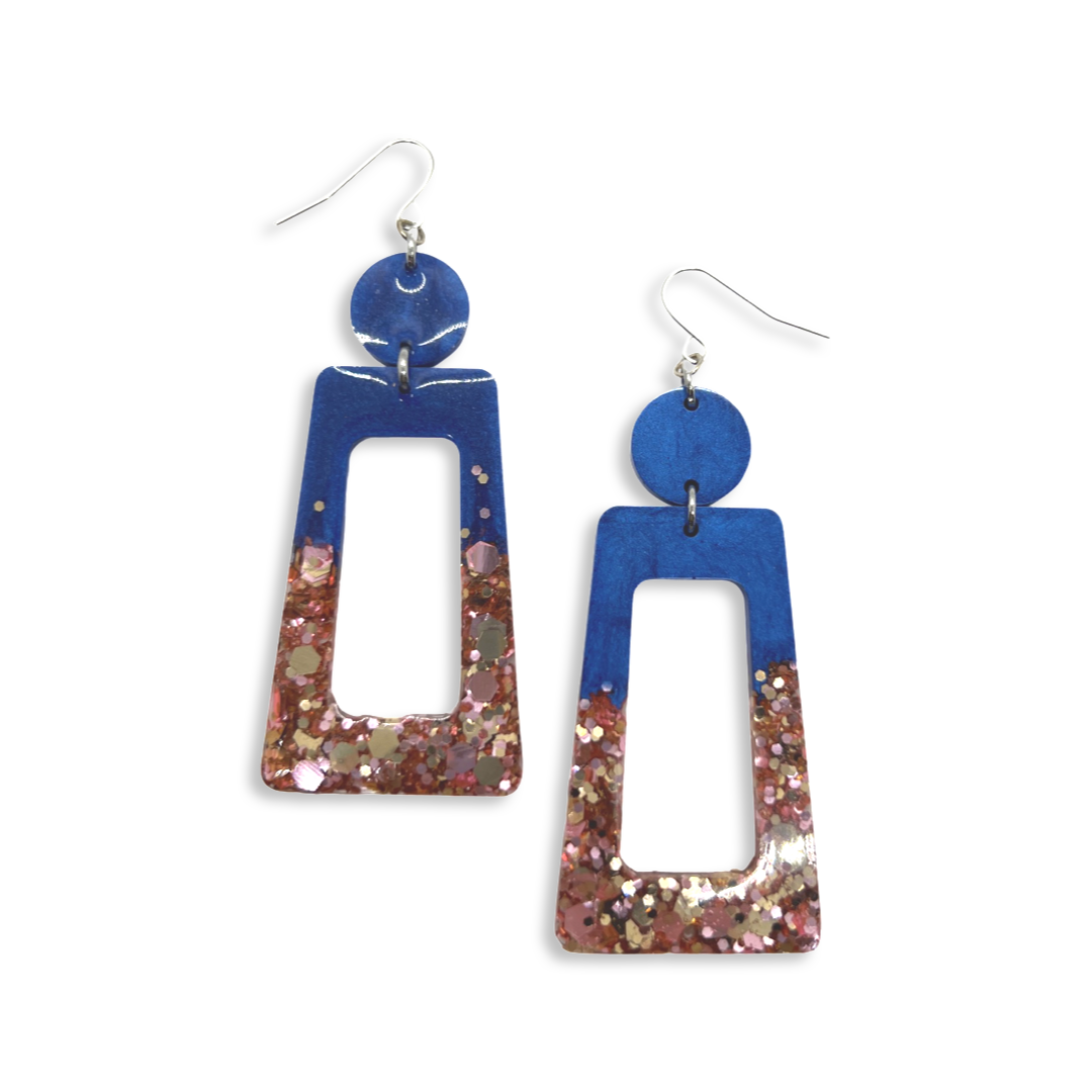 Navy & pink glitter dangle earrings