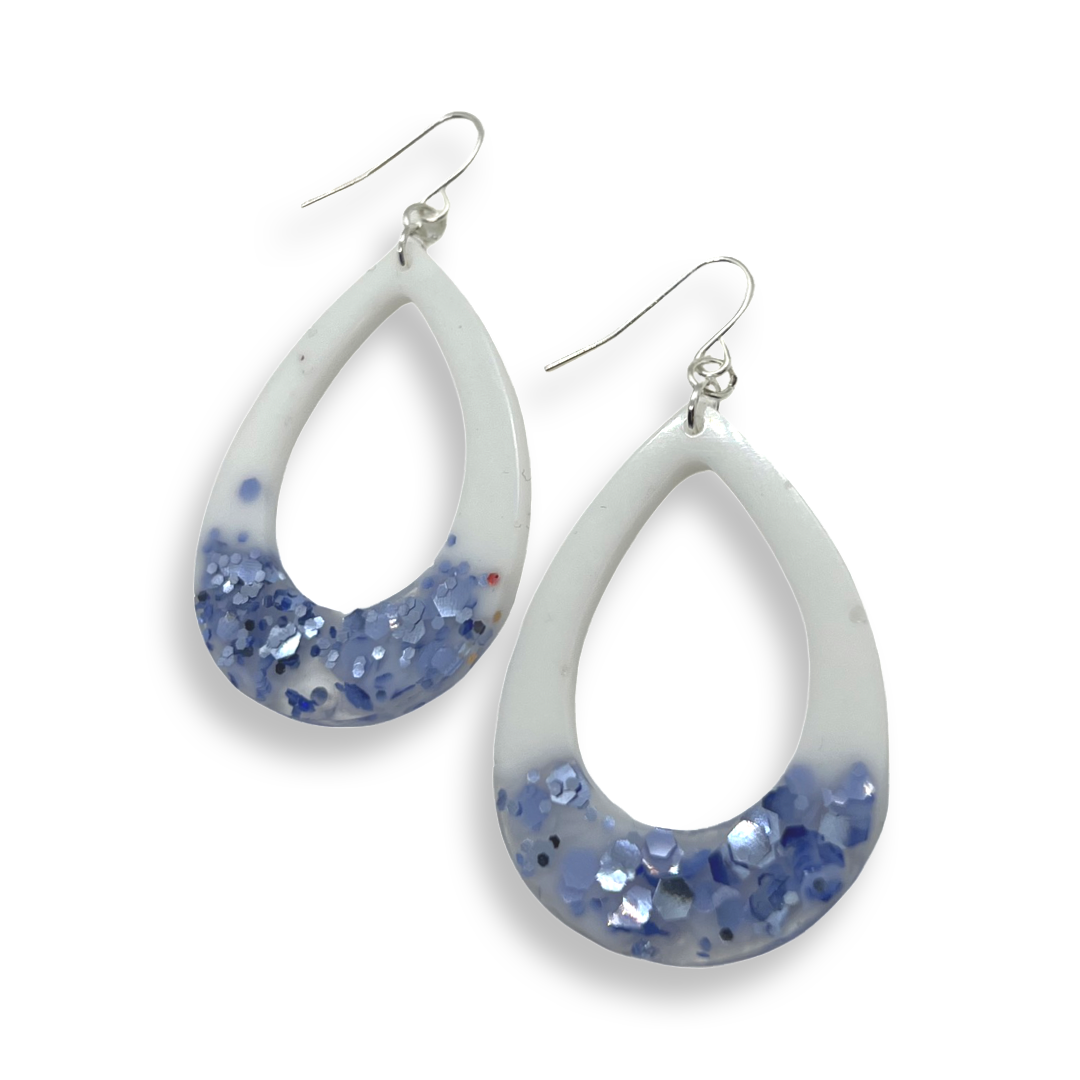 White with purple glitter tear drop cut-out earrings