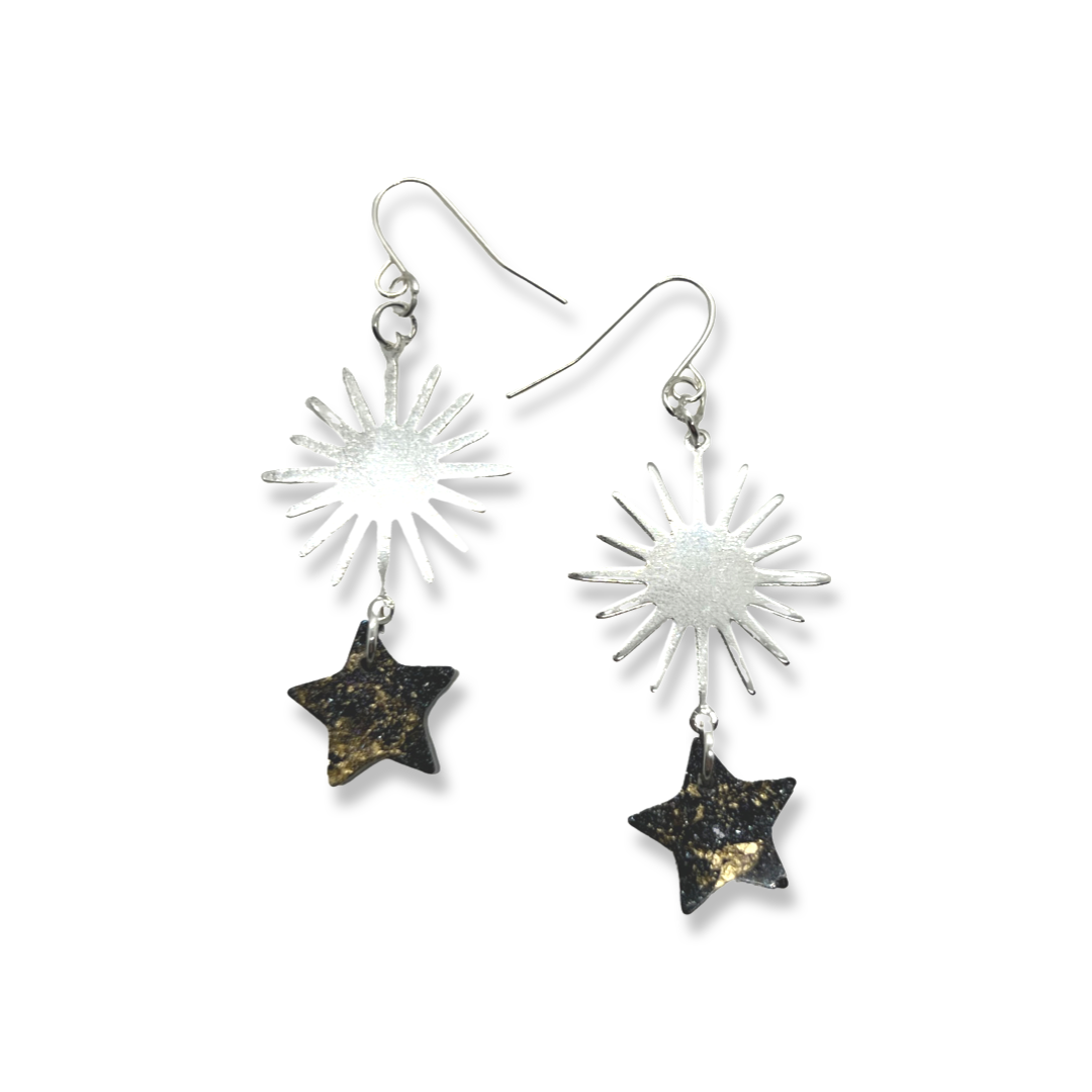 Silver sun charm with black & gold stars