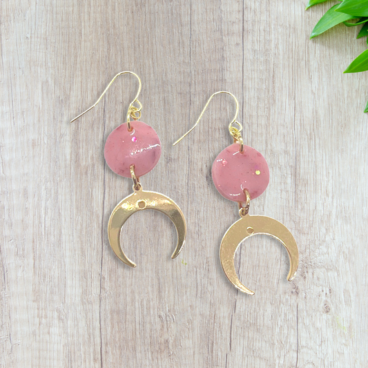 Cresent moon charms with light pink glitter round earrings