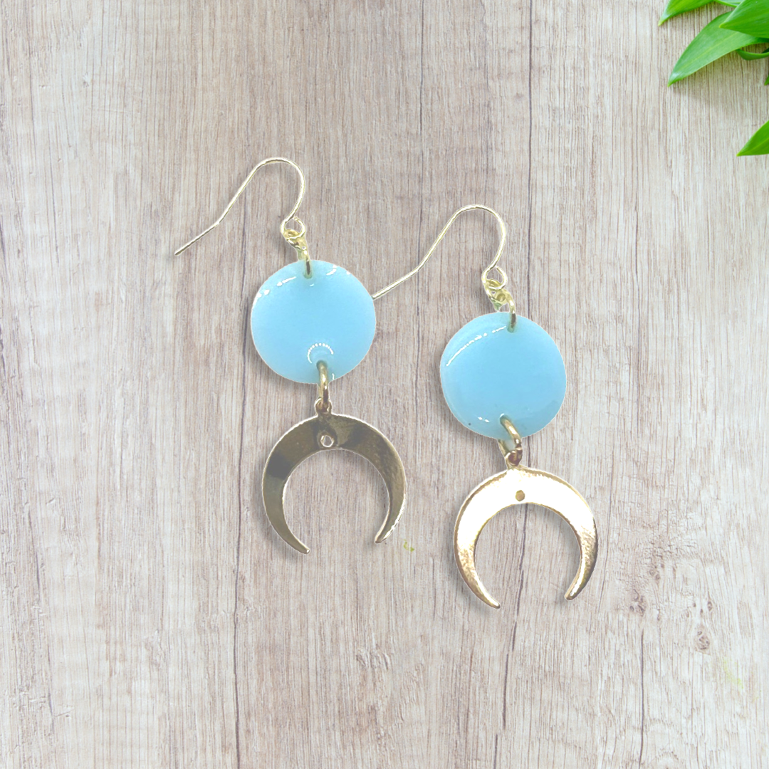 Cresent moon charms with small baby blue round earrings