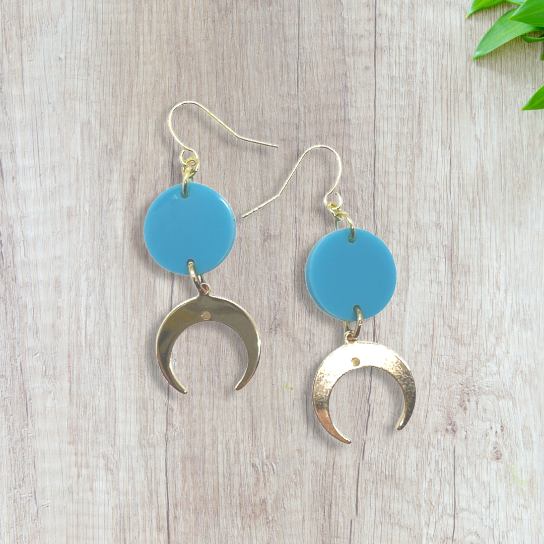 Cresent moon charms with small sky-blue round earrings