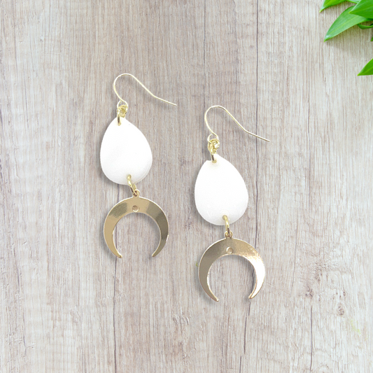 White tear drop with gold crescent moon charm