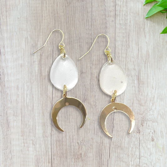 Clear tear drop with gold crescent moon charm