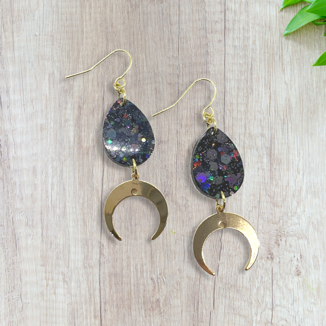 Black glitter tear drop with gold crescent moon charm