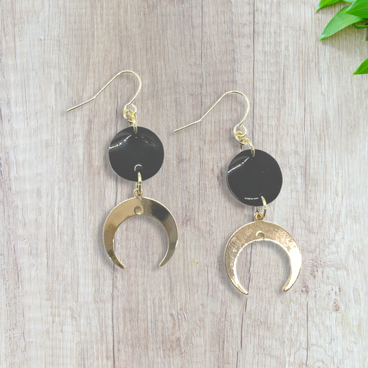 Cresent moon charms with small black rounds earrings