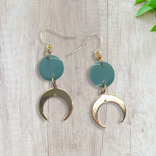 Cresent moon charms with small teal green round earrings