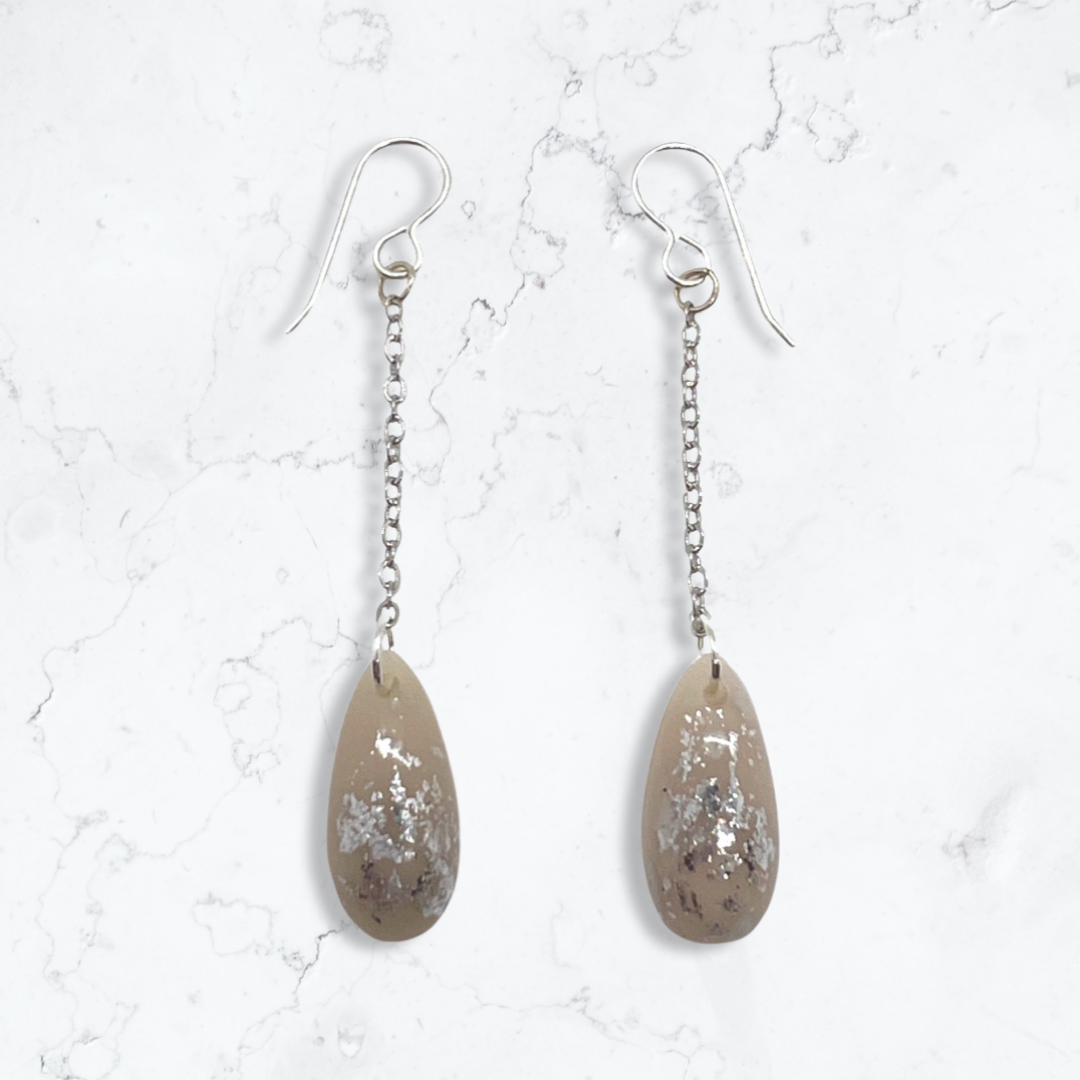 Beige & silver foil egg drop earrings