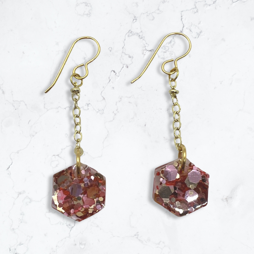 Pink & gold glitter hexagon dangle earrings