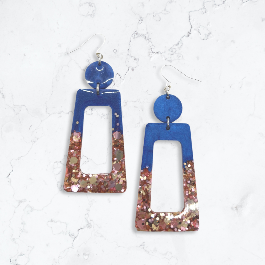 Navy & pink glitter dangle earrings