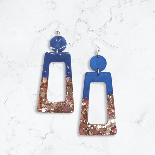 Navy & pink glitter dangle earrings