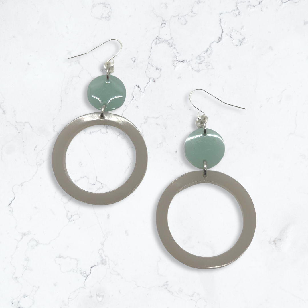 Teal & gray drop hoop earrings