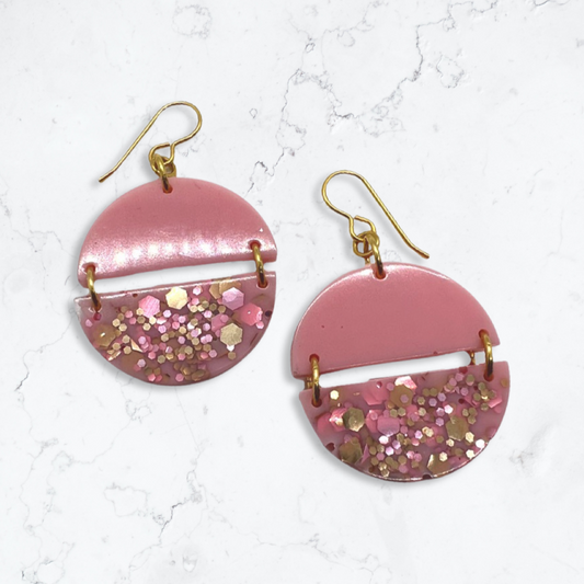 Pink & gold half circle link earrings