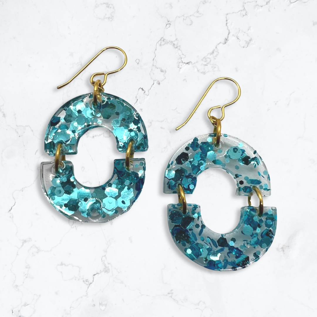 Blue half circle cut-out link earrings