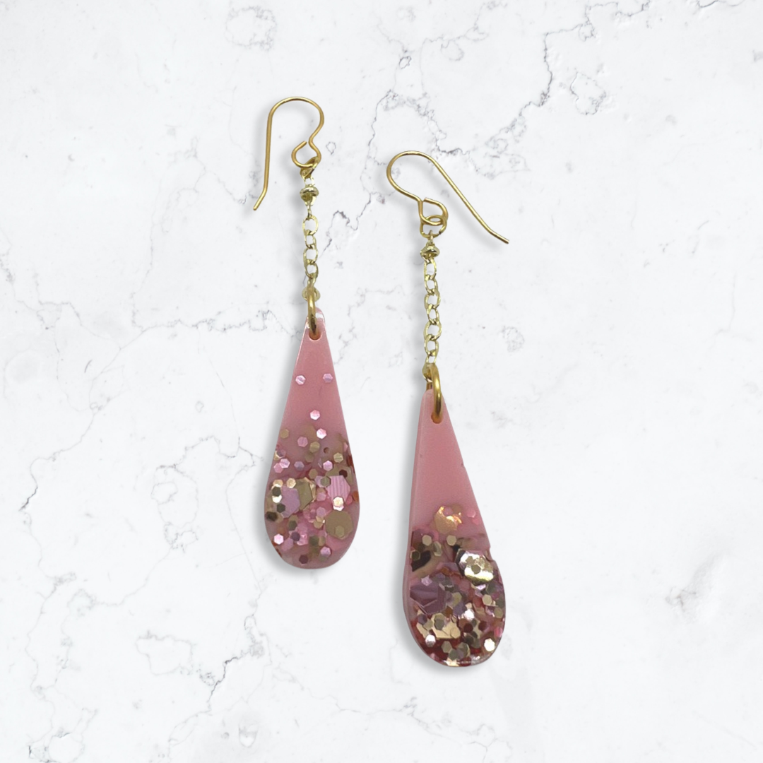 Pink tear drop earrings with gold & pink glitter