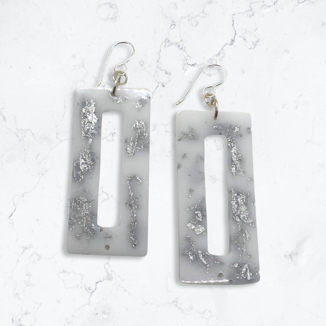 White & silver foil rectangle cut-out earrings