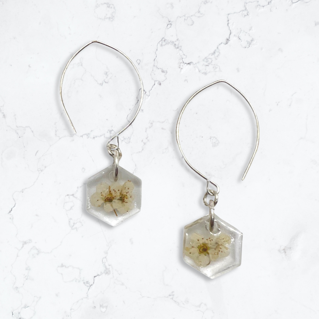 Hexagon white flower earrings