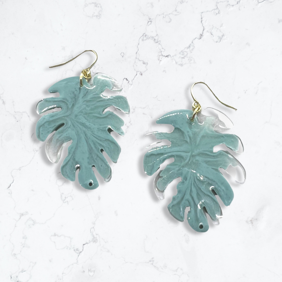 Teal leaf earrings