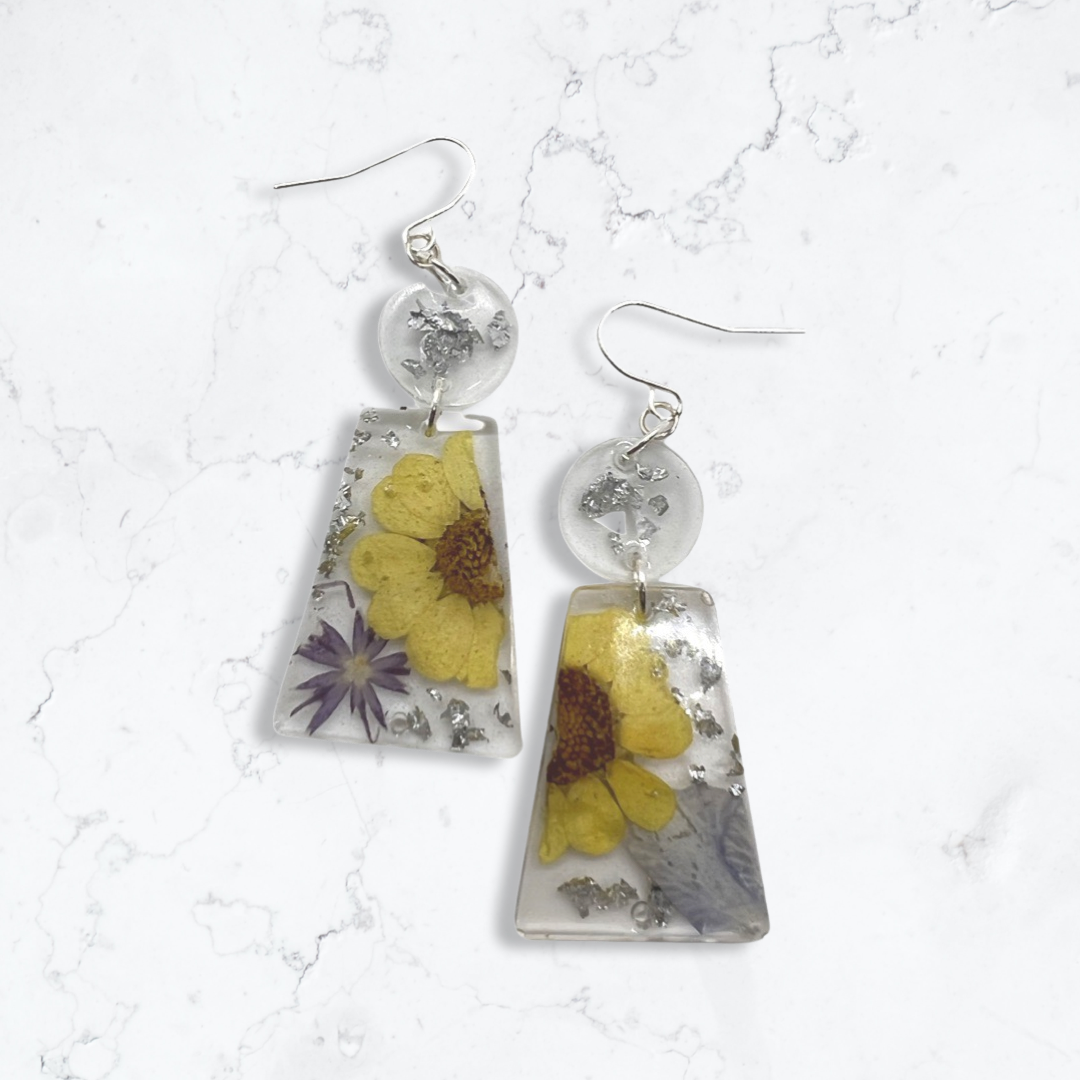 Yellow flower with silver flakes earrings