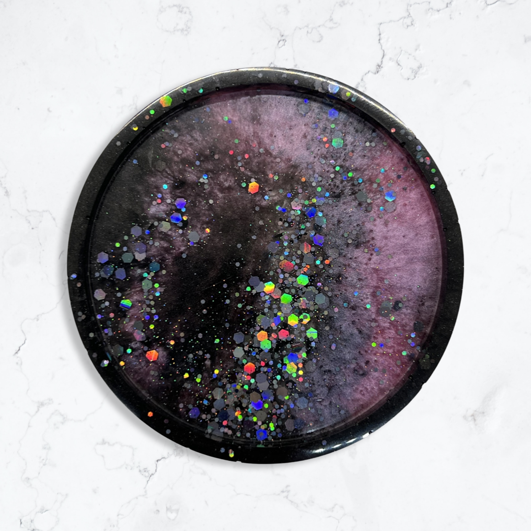 Pink circle glitter galaxy coaster