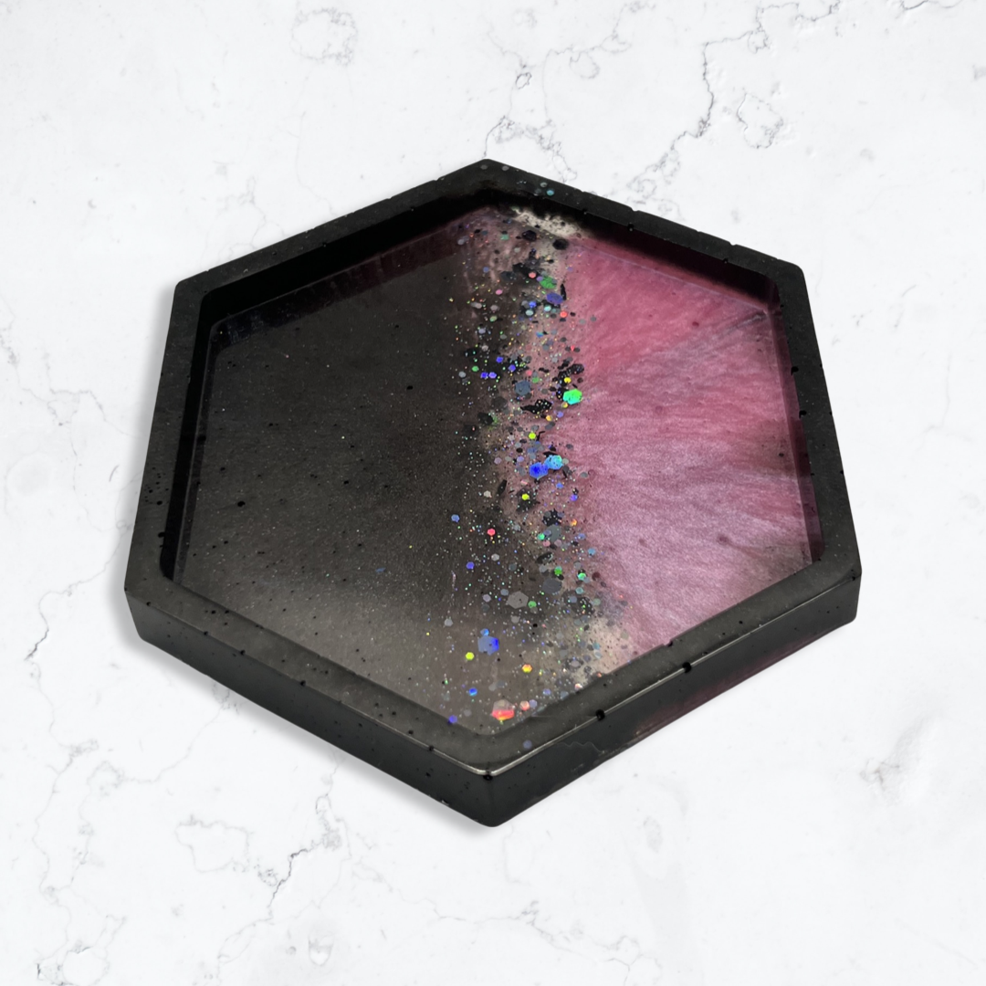 Pink hexagon glitter galaxy coasters