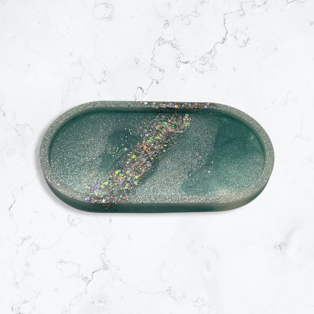 Teal glitter oval tray